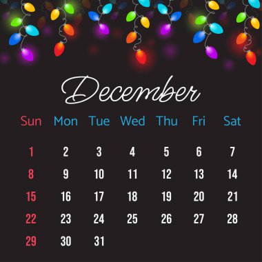 Aralık 2024 için takvim. Karanlık arka planda Noel ışıkları var. Aralık 2024 renkli Noel ışıklarıyla takvim vektör çizimi. Aralık 2024 Takvim Şablonu.