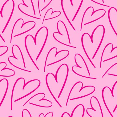 Kırmızı El 'in pembe arka planda çizdiği kusursuz romantik şablon. Pembe arka planda renkli karalama kalpler. Tasarım, kartpostallar, baskı, poster, parti, Sevgililer Günü, klasik tekstil, ambalaj kağıdı.