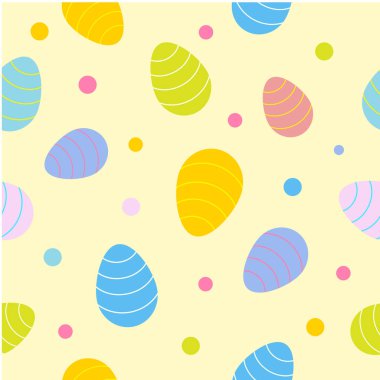Renkli noktalar ve paskalya yumurtalarıyla kusursuz desen. Paskalya için kusursuz desenli, renkli yumurtalar. Vektör illüstrasyonu