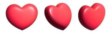 Farklı açılara sahip üç boyutlu Red Heart seti. Romantik emoji, aşk sembolü ya da ikon, Sevgililer Günü, animasyon sayfası. Beyaz arkaplanda kalp çizimi izole edildi.