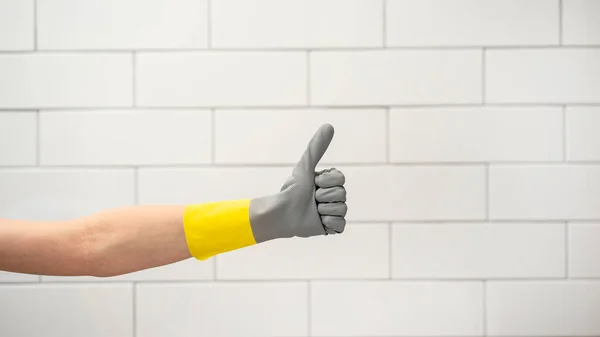 Mão Luva Protetora Mostrando Sinal — Fotografia de Stock
