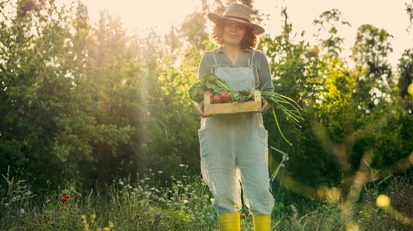 Farmářka Drží Bednu Zeleninu — Stock fotografie