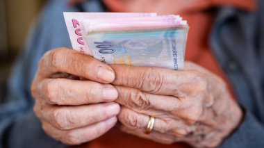 Yaşlı kadın Türk lira banknotlarını sayıyor