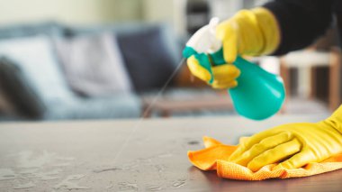 Evdeki oturma odasındaki temizlikçi kadın.