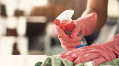 Evdeki oturma odasındaki temizlikçi kadın.