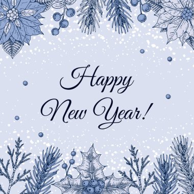 Mutlu Noeller ve mutlu yıllar mavi tebrik kartı. El yapımı kış bitkileriyle şenlikli bir arka plan. Eskiz tarzında klasik tasarım. Metin için boşluk