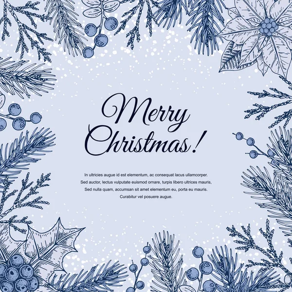 Stock vector Merry Christmas and happy New year blue greeting card. Festive background with hand drawn winter plants. Vintage design in sketch style. Space for text