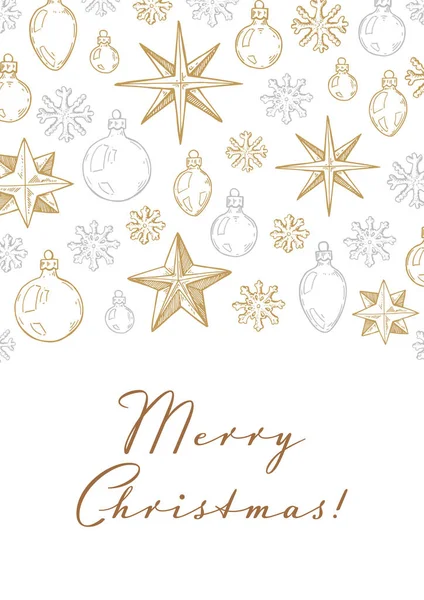 メリークリスマスとハッピー新年の垂直グリーティングカード手で白い背景に黄金の星やおもちゃを描きました 下絵風のベクターイラスト — ストックベクタ