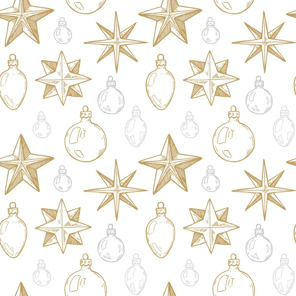 Vrolijk Kerstfeest Gelukkig Nieuwjaar Naadloos Patroon Met Gouden Handgetekende Sterren — Stockvector