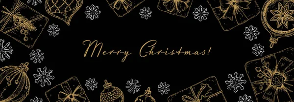 手描きの黄金のクリスマスのギフトボックスや雪の結晶とメリークリスマスとハッピーニューイヤー水平グリーティングカード スケッチスタイルでベクトルイラスト お祝いの背景 — ストックベクタ