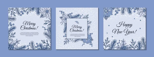 圣诞快乐 新年快乐 蓝色贺卡 节日背景 手绘冬季植物 素描风格的复古设计 案文的篇幅 — 图库矢量图片