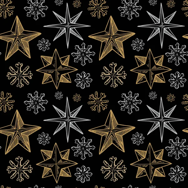 Счастливого Рождества Счастливого Нового Года Золотыми Ручными Звездами Снежинками Праздничный — стоковый вектор