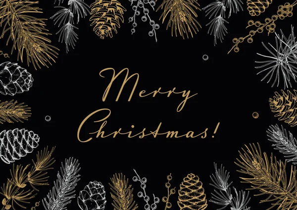 Merry Christmas Happy New Year Horizontal Greeting Card Hand Drawn — Stock Vector