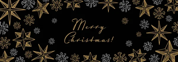 手描きの黄金の星や雪の結晶とメリークリスマスとハッピーニューイヤー水平グリーティングカード スケッチスタイルでベクトルイラスト お祝いの背景 — ストックベクタ