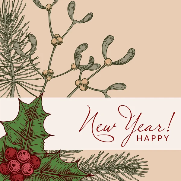Feliz Natal Feliz Ano Novo Cartão Com Folhas Azevinho Desenhadas — Vetor de Stock