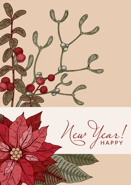 Veselé Vánoce Šťastný Nový Rok Vertikální Přání Ručně Kreslené Poinsettia — Stockový vektor