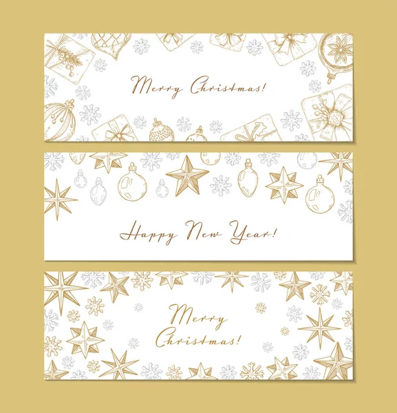Zestaw Wesołych Świąt Szczęśliwego Nowego Roku Poziomej Kartki Ręcznie Rysowane — Wektor stockowy