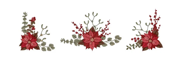 Sada Vánočních Botanických Kompozic Špičatou Květinou Jmelím Vektorová Ilustrace Stylu — Stockový vektor