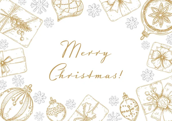 Merry Christmas Happy New Year Horizontal Greeting Card Hand Drawn — Stock Vector
