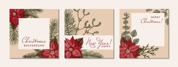 Ensemble Joyeux Noël Joyeux Nouvel Cartes Vœux Avec Poinsettia Dessinés — Image vectorielle