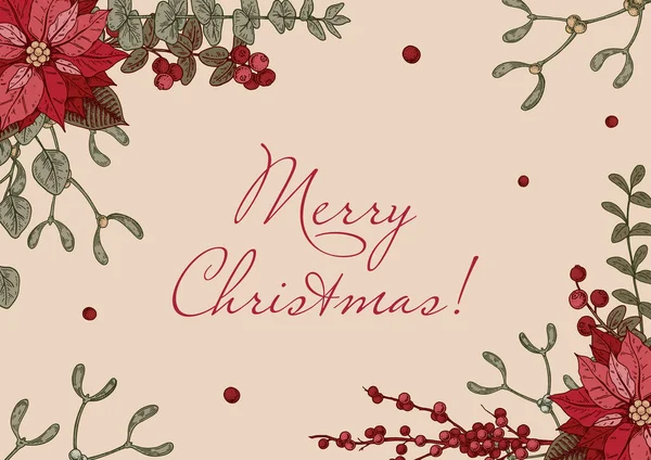 圣诞快乐和新年快乐横向贺卡与手绘一品红花和寄生趾早午餐 节日艳丽的背景 素描式矢量图解 — 图库矢量图片