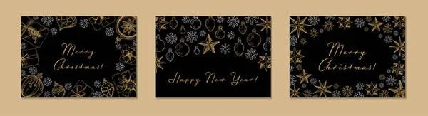 Zestaw Wesołych Świąt Szczęśliwego Nowego Roku Pozioma Kartka Ręcznie Rysowane — Wektor stockowy