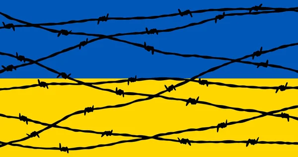 Drapeau Ukrainien Derrière Une Clôture Fil Barbelé Arrêtez Concept Guerre — Image vectorielle
