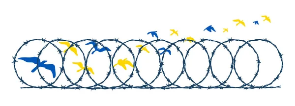 Ιπτάμενα Πουλιά Στην Ουκρανική Μπλε Και Κίτρινη Σημαία Χρώματα Διαφεύγουν — Διανυσματικό Αρχείο