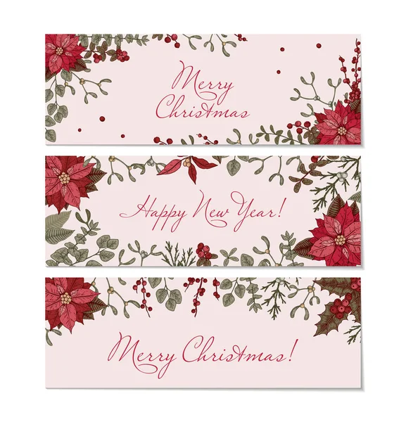 Set Mit Horizontalen Glückwunschkarten Mit Handgezeichneten Weihnachtssternen Und Mistelbrunch Festliche — Stockvektor