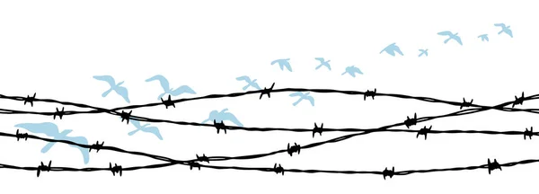 Ιπτάμενα Πουλιά Πίσω Από Συρματόπλεγμα Έννοια Ελευθερίας Χειροκίνητη Διανυσματική Απεικόνιση — Διανυσματικό Αρχείο
