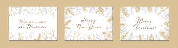 Zestaw Wesołych Świąt Szczęśliwego Nowego Roku Poziome Kartki Ręcznie Rysowane — Wektor stockowy