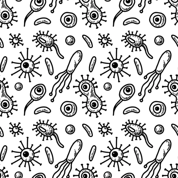 Microbiology Seamless Pattern Scientific Vector Illustration Sketch Style — 스톡 벡터