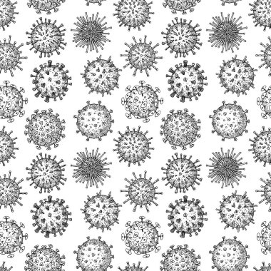 Viruses seamless patten. Scientific hand drawn vector illustration in sketch style. Microscopic microorganisms