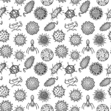 Viruses seamless patten. Scientific hand drawn vector illustration in sketch style. Microscopic microorganisms