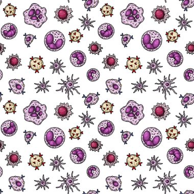 Bacteria and virus seamless pattern. Scientific vector illustration in sketch style. Doodle background