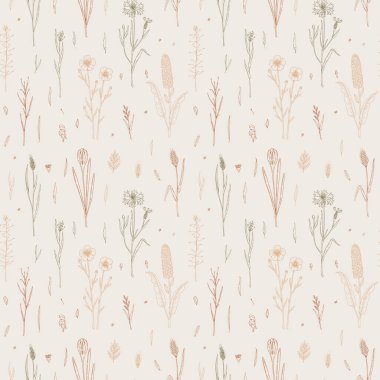 Çayır çiçekleri pürüzsüz desen. El yapımı kır çiçekleri arka planı. Robot resim tarzında vektör illüstrasyonu. Estetik botanik tasarımı