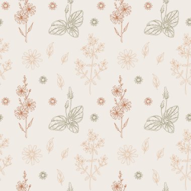 Çayır çiçekleri pürüzsüz desen. El yapımı kır çiçekleri arka planı. Robot resim tarzında vektör illüstrasyonu. Estetik botanik tasarımı