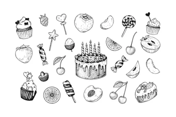 Snoep Fruit Verjaardagstaart Andere Lekkernijen Voor Kinderen Handgetekende Vectorillustratie Schetsstijl — Stockvector
