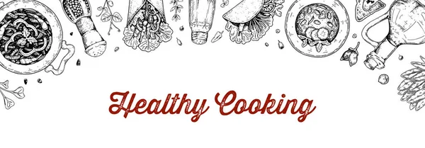 Gesunde Ernährung Hintergrund Handgezeichnete Vektorillustration Skizzenstil Gestaltung Der Speisekarte — Stockvektor