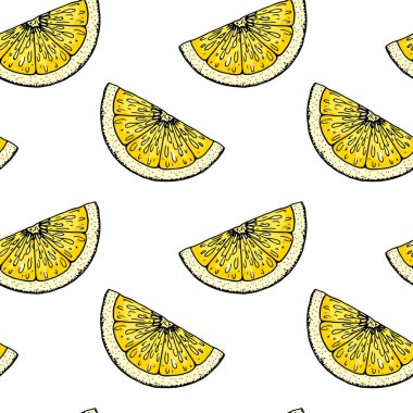  Limon dilimsiz desen. Çizim tarzında renkli el çizimi vektör çizimi. Tropik egzotik narenciye yaz arkaplanı
