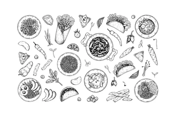 一套健康的墨西哥食品 蔬菜和蔬菜 草图式手绘矢量图 — 图库矢量图片