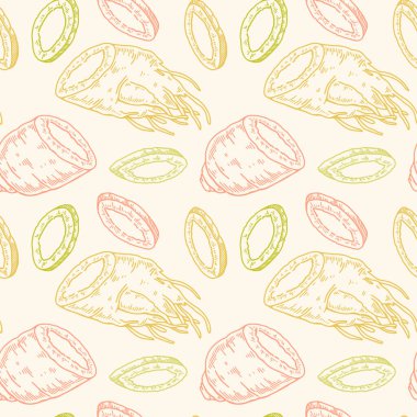 El yapımı ginseng pürüzsüz desen. Robot resim tarzında vektör illüstrasyonu. Tıbbi bitki geçmişi. Botanik tasarımı