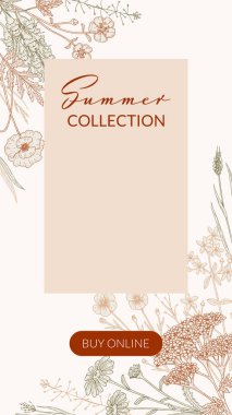 Yaz aylarında kır çiçekleriyle birlikte dikey tasarım. Robot resim şeklinde elle çizilmiş vektör çizimi. Sosyal medya hikayeleri. Meadow çiçek posteri. Düğün davetiyesi