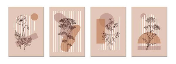 현대의 모양의 포스터와 들판의 꽃들로 이루어진 손으로 일러스트 들꽃을 — 스톡 벡터
