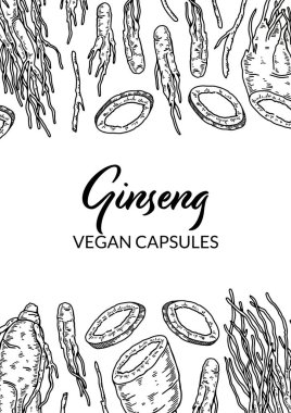 Ginseng dikey tasarımı. Çizim tarzında el çizimi botanik vektör çizimi. Paketleme, etiket, rozet için kullanılabilir. Bitkisel tıp geçmişi