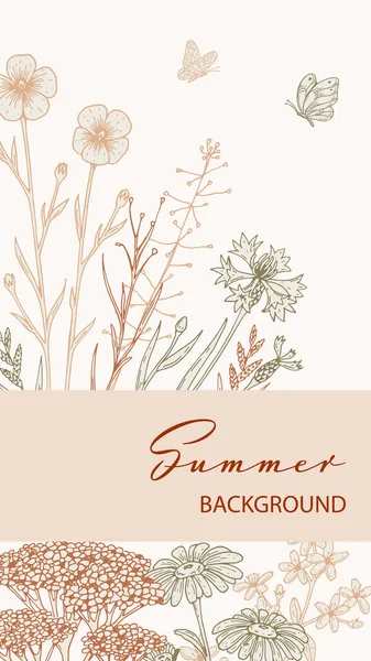 stock vector Summer vertical design with wildflowers. Hand drawn vector illustration in sketch style. Social media stories template. Meadow flowers poster. Wedding invitation