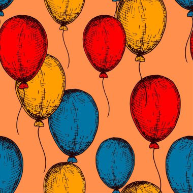 Balon pürüzsüz desen. Çizim tarzında renkli bir el çizimi arka plan. Doğum günü kutlaması tasarımı. Vektör çizimi. Tatil etkinliği, karnaval davetiyesi, karşılama arabası tasarımı