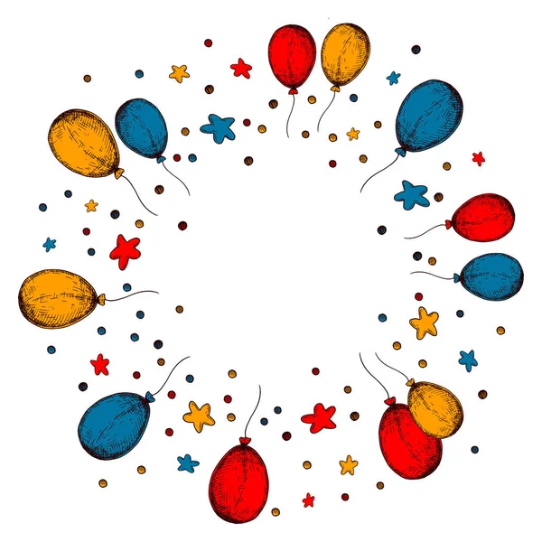 Cornice Festiva Palloncino Disegno Festa Compleanno Disegnato Mano Sketch Badge — Vettoriale Stock