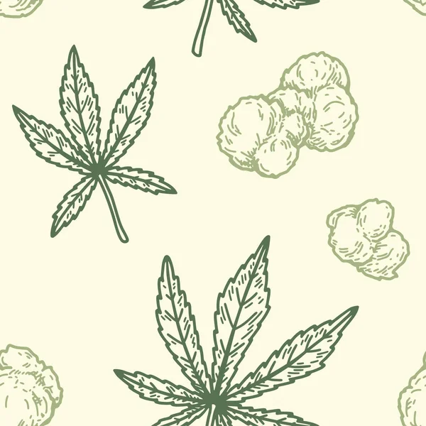 마리화나 잎사귀와 꽃봉오리는 솔기가없다 칸나비스의 빈티지 배경을 그렸다 Vector 일러스트는 — 스톡 벡터