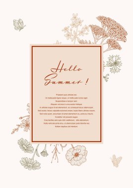 Yaz aylarında kır çiçekleriyle birlikte dikey tasarım. Robot resim şeklinde elle çizilmiş vektör çizimi. Sosyal medya hikayeleri. Meadow çiçek posteri. Düğün davetiyesi